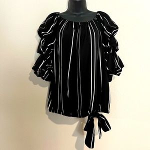 Vince Camuto Black and White Stripe Blouse with Gathered Ruffle Sleeves L NWT